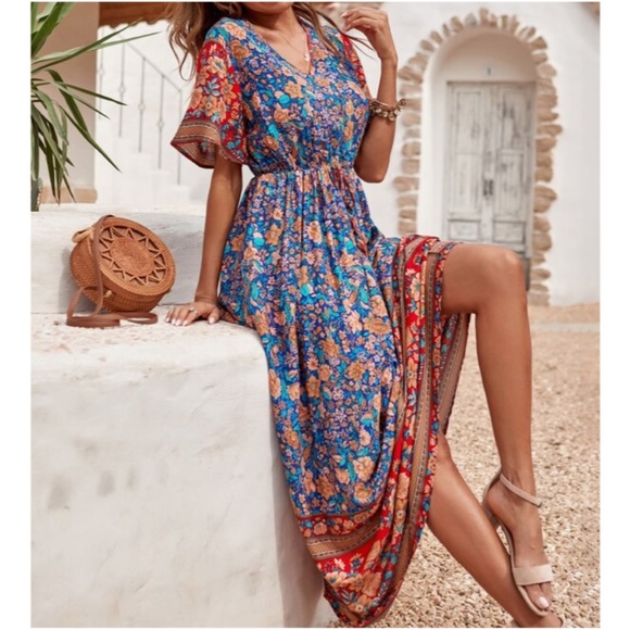 Boho Blue Red floral Print A-line Maxi Dress - Picture 1 of 3